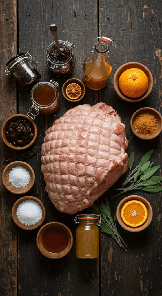 The simple, from-scratch ingredients for the classic and impressive Holiday Glazed Spiral Ham, showcasing the variety of glaze options.
