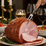 The whole, homemade, impressive, and glazed Spiral-Cut Ham being served as the centerpiece at a fun and sophisticated Christmas party.