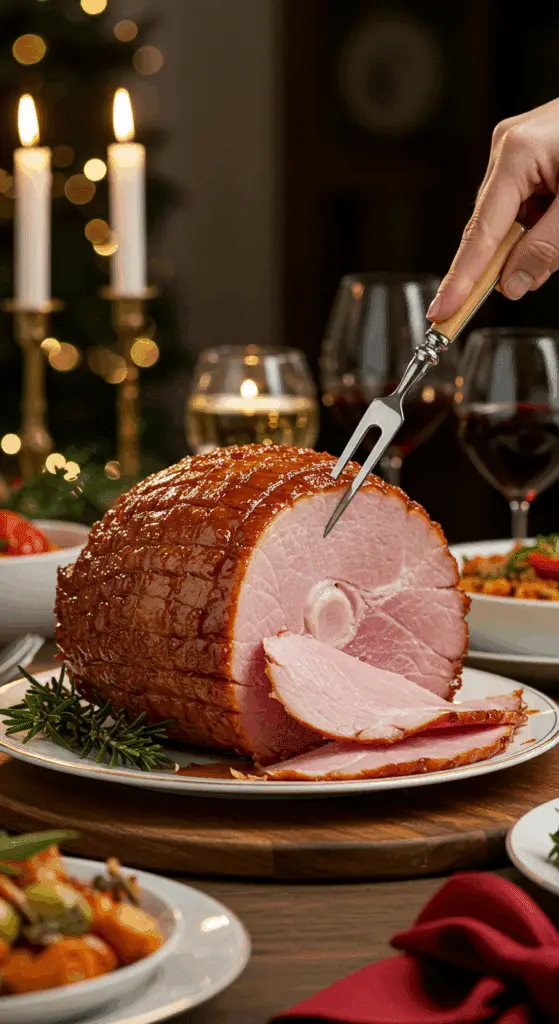 The whole, homemade, impressive, and glazed Spiral-Cut Ham being served as the centerpiece at a fun and sophisticated Christmas party.