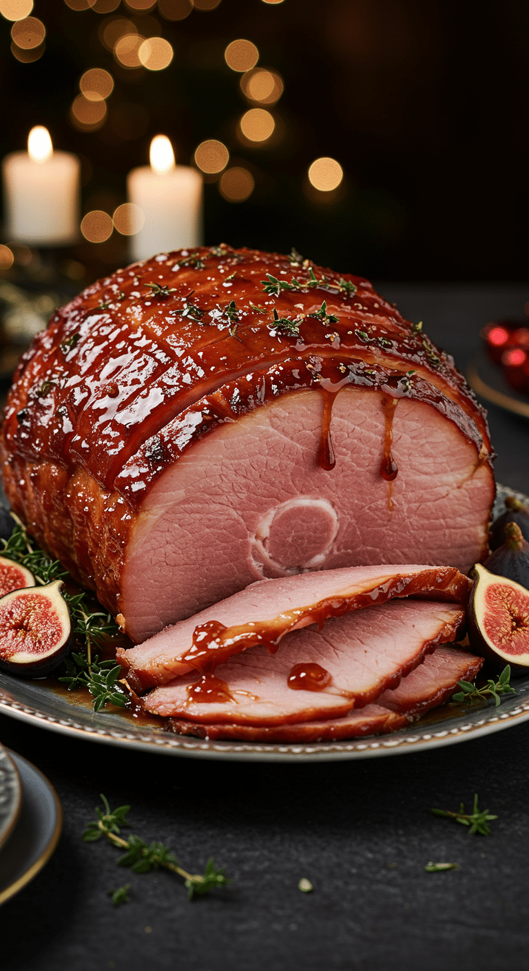 A beautiful, elegant platter with a homemade, juicy, and impressive Holiday Glazed Spiral Ham, with a glossy, dark fig glaze dripping down the spiral slices.