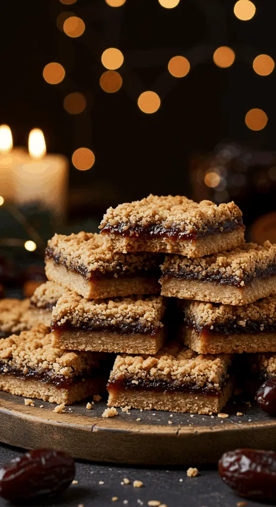 A beautiful, rustic platter of homemade, festive, and chewy Old-Fashioned Date Squares, with one broken in half to show the gooey date filling and the oatmeal crumble crust.