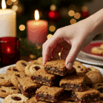 The impressive, homemade platter of beautiful and festive Old-Fashioned Date Squares being served as the centerpiece on a cookie platter at a sophisticated Christmas party.