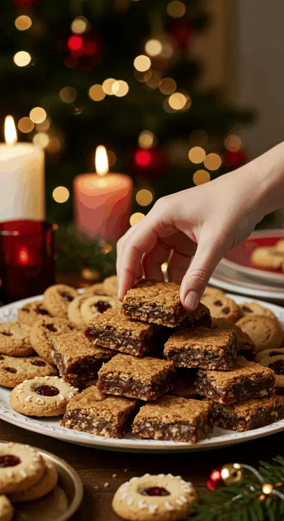 The impressive, homemade platter of beautiful and festive Old-Fashioned Date Squares being served as the centerpiece on a cookie platter at a sophisticated Christmas party.