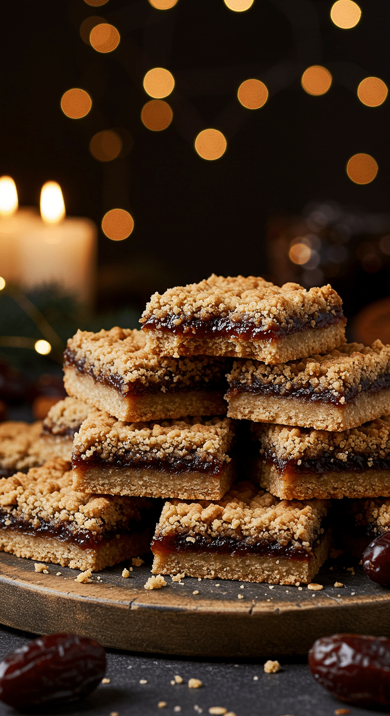 A beautiful, rustic platter of homemade, festive, and chewy Old-Fashioned Date Squares, with one broken in half to show the gooey date filling and the oatmeal crumble crust.