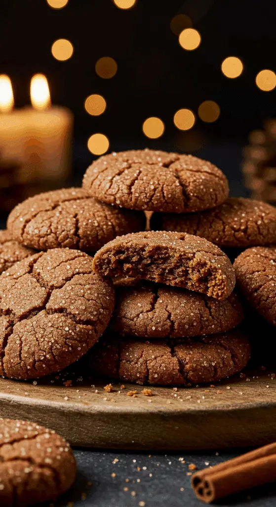 A beautiful, rustic platter of homemade, festive, and chewy Gingersnap Cookies, with one broken in half to show the tender, chewy interior and the crackled, sugary top.