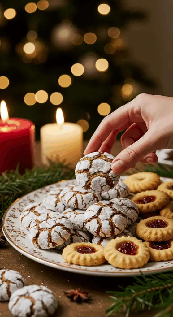 The impressive, homemade platter of beautiful and festive Gingersnap Cookies being served as the centerpiece on a cookie platter at a sophisticated Christmas party.