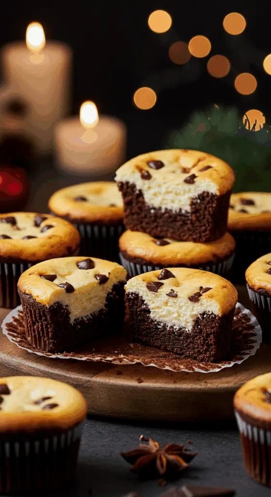 A beautiful, rustic platter of homemade, festive, and classic Black Bottom Cupcakes, with one cut in half to show the dark chocolate bottom and the creamy, chocolate-chip cheesecake top.