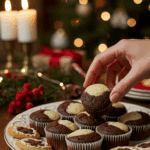 The impressive, homemade platter of beautiful and festive Black Bottom Cupcakes being served as the centerpiece on a cookie platter at a sophisticated Christmas party.