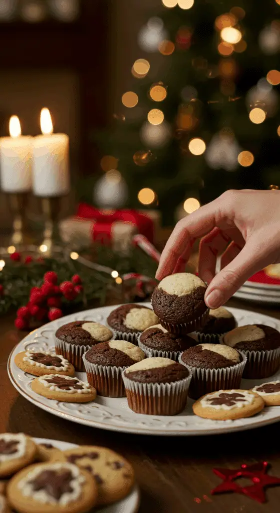 The impressive, homemade platter of beautiful and festive Black Bottom Cupcakes being served as the centerpiece on a cookie platter at a sophisticated Christmas party.