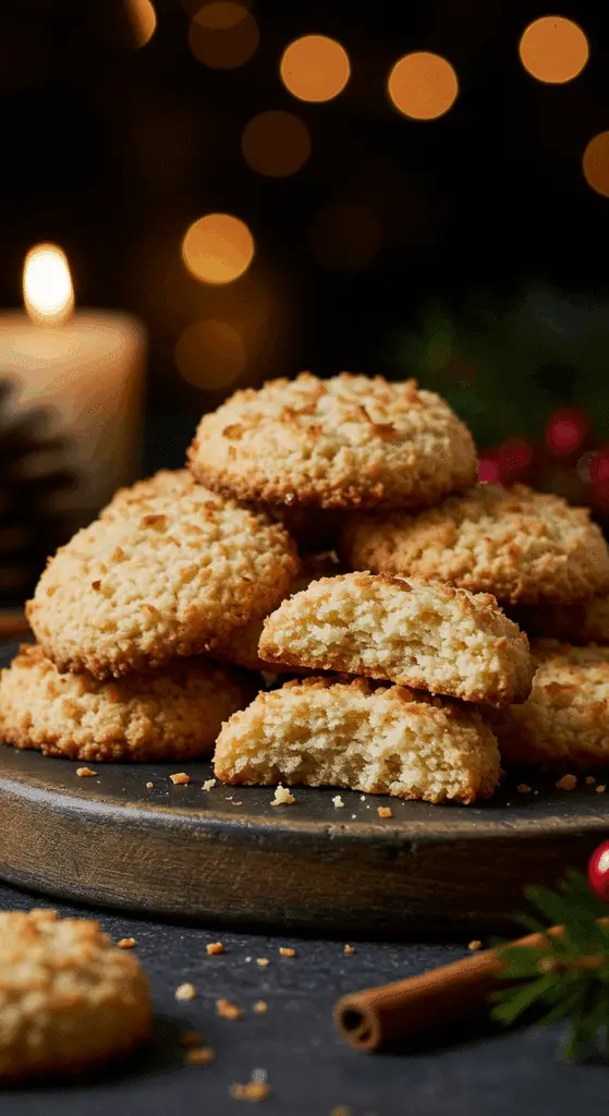 A beautiful, rustic platter of homemade, festive, and buttery "Grandma's" Coconut Drop Cookies, with one broken in half to show the tender, crumbly interior.