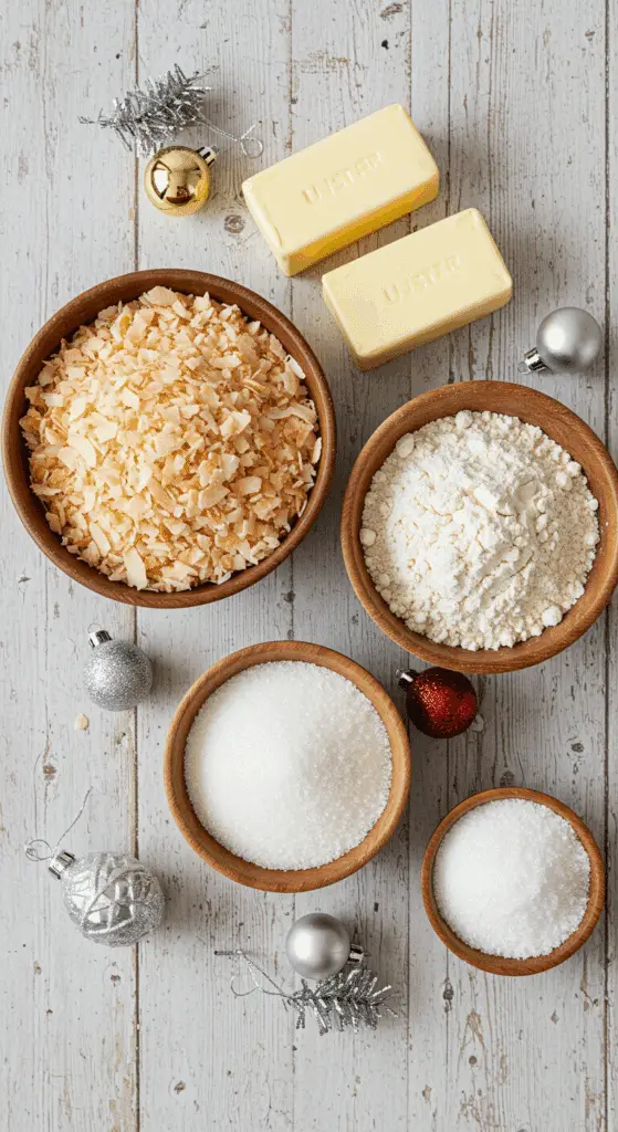 The simple, from-scratch ingredients for the classic and impressive Holiday "Grandma's" Coconut Drop Cookies.