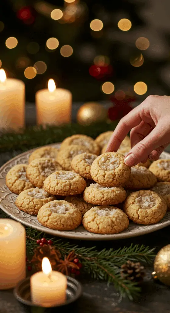 The impressive, homemade platter of beautiful and festive "Grandma's" Coconut Drop Cookies being served as the centerpiece on a cookie platter at a sophisticated Christmas party.