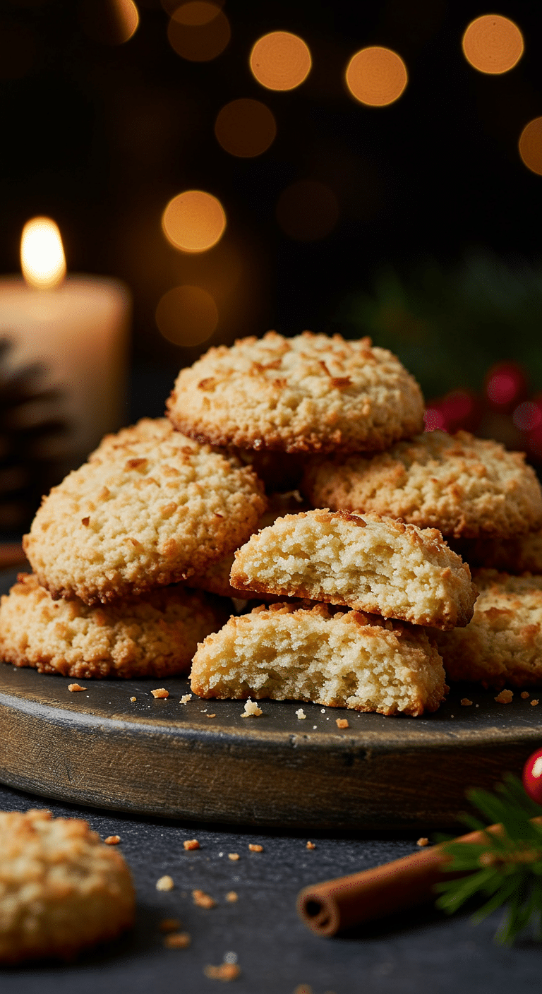 A beautiful, rustic platter of homemade, festive, and buttery "Grandma's" Coconut Drop Cookies, with one broken in half to show the tender, crumbly interior.