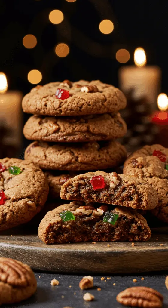 A beautiful, rustic platter of homemade, festive, and chewy "Grandma's" Fruitcake Cookies, with one broken in half to show the moist, fruit-and-nut-packed interior.