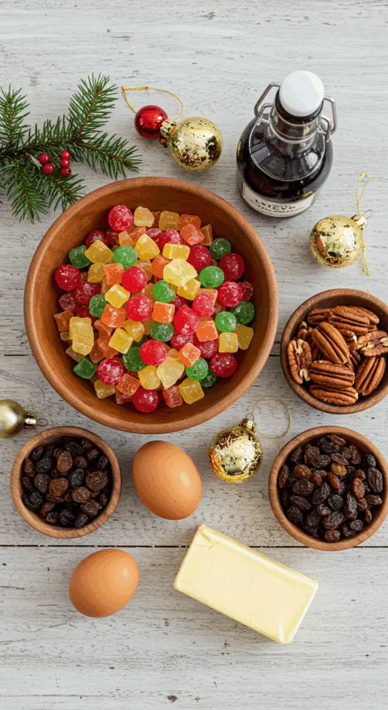 The simple, from-scratch ingredients for the classic and impressive Holiday "Grandma's" Fruitcake Cookies.