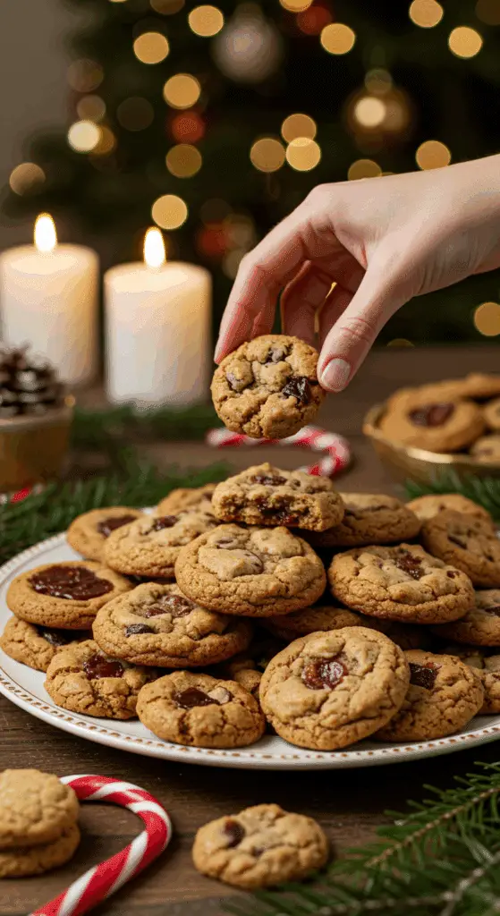 The impressive, homemade platter of beautiful and festive "Grandma's" Fruitcake Cookies being served as the centerpiece on a cookie platter at a sophisticated Christmas party.