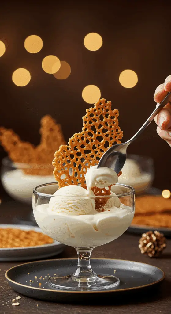 A beautiful, lacy, and curved "Grandma's" Lace Cookie being served as a "tuile" garnish on a glass dish of vanilla bean ice cream at a holiday party.