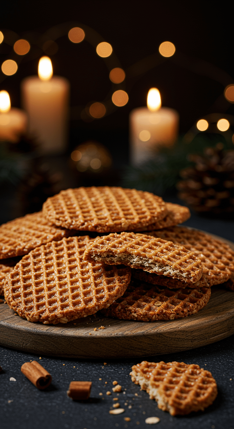 A beautiful, rustic platter of homemade, festive, and crispy "Grandma's" Lace Cookies, with one broken in half to show the thin, lacy, and caramelized texture.