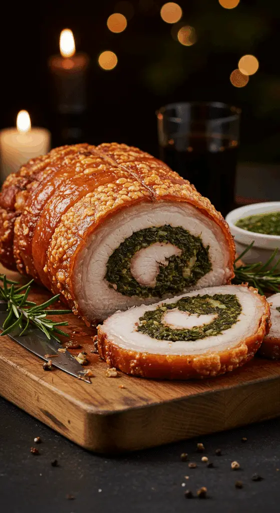 A beautiful, rustic cutting board with a homemade, juicy, and impressive Holiday Porchetta, with a crispy, golden crackling and a beautiful, collard green-stuffed spiral slice cut from the end.