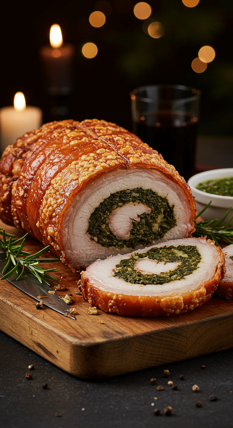 A beautiful, rustic cutting board with a homemade, juicy, and impressive Holiday Porchetta, with a crispy, golden crackling and a beautiful, collard green-stuffed spiral slice cut from the end.
