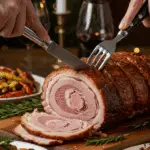 The whole, homemade, impressive, and crispy Porchetta being carved as the centerpiece at a fun and sophisticated Christmas party.