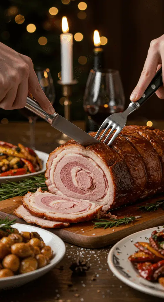 The whole, homemade, impressive, and crispy Porchetta being carved as the centerpiece at a fun and sophisticated Christmas party.