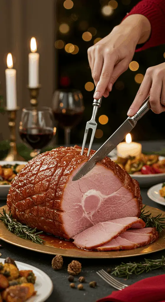 The whole, homemade, impressive, and glazed Spiral-Cut Ham being served as the centerpiece at a fun and sophisticated Christmas party.