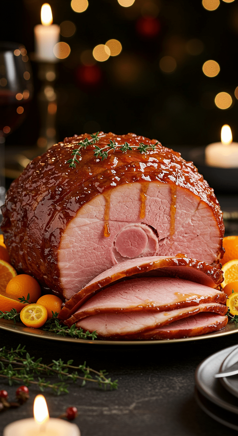 A beautiful, elegant platter with a homemade, juicy, and impressive Holiday Honey-Glazed Spiral Ham, with a glossy, dark glaze dripping down the slices and garnished with fresh oranges.