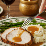 A beautiful plate of a homemade, elegant, and sliced Spice-Rubbed Turkey Tenderloin, being served with mashed potatoes and roasted asparagus at a holiday dinner.
