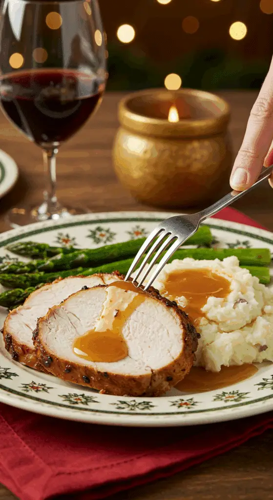 A beautiful plate of a homemade, elegant, and sliced Spice-Rubbed Turkey Tenderloin, being served with mashed potatoes and roasted asparagus at a holiday dinner.
