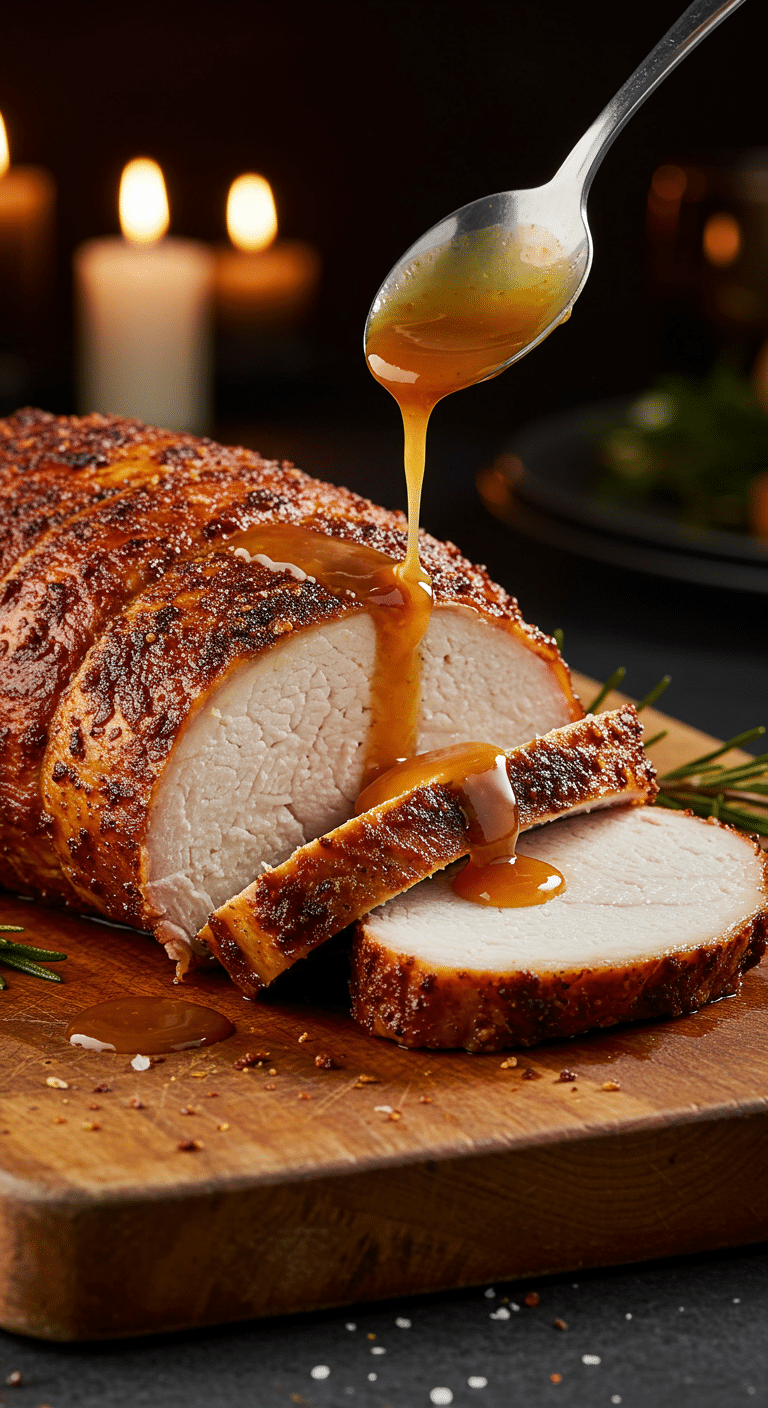 A beautiful, rustic cutting board with a homemade, juicy, and impressive Spice-Rubbed Turkey Tenderloin, with a crispy, dark spice crust and a juicy, white interior, with gravy.