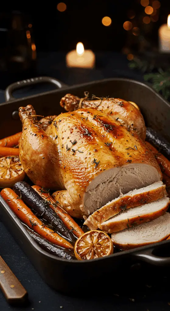 A beautiful, rustic roasting pan with a homemade, juicy, and impressive Lemon-Herb Roast Chicken, with a crispy, golden-brown skin, surrounded by roasted rainbow carrots.