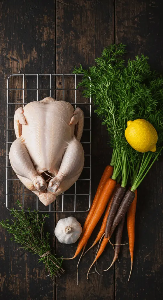 The simple, from-scratch ingredients for the classic and impressive Holiday Lemon-Herb Roast Chicken with Rainbow Carrots.