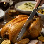 The whole, homemade, impressive, and golden-brown Roast Chicken being carved as the centerpiece at a fun and sophisticated Sunday dinner party.