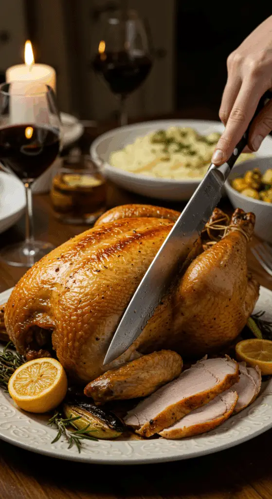 The whole, homemade, impressive, and golden-brown Roast Chicken being carved as the centerpiece at a fun and sophisticated Sunday dinner party.