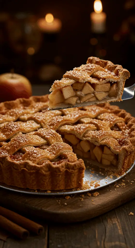 A beautiful, rustic table with a homemade, golden-brown Classic Apple Pie, with a flaky, old-fashioned crust and a perfect, tall slice cut out to show the flaky layers.