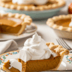 A beautiful plate of a homemade, elegant, and flaky slice of a Pumpkin Pie, being served with a large dollop of whipped cream at a Thanksgiving dinner.