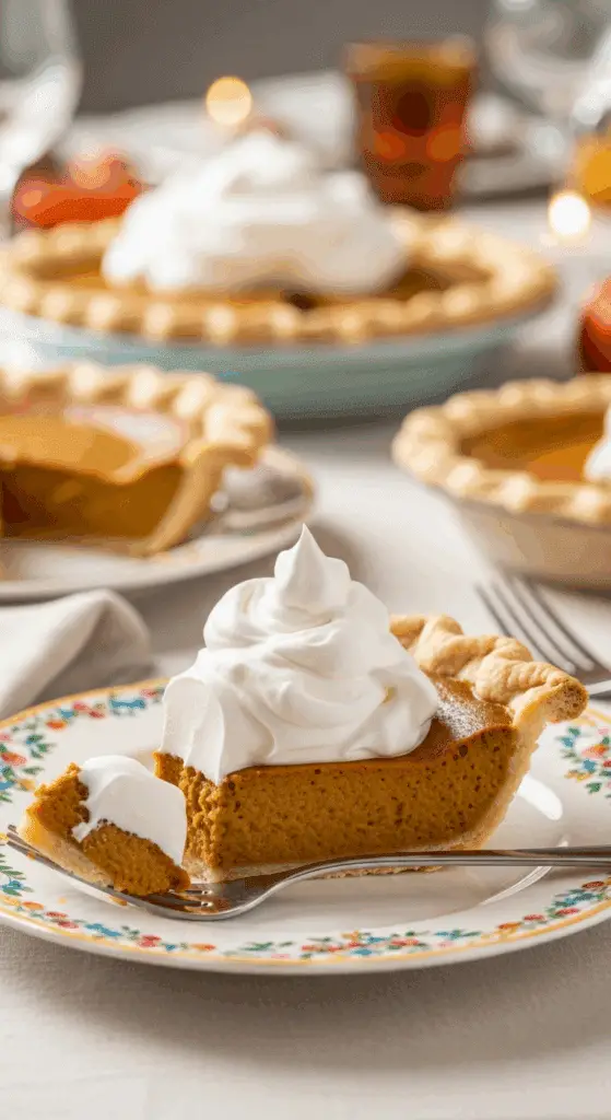 A beautiful plate of a homemade, elegant, and flaky slice of a Pumpkin Pie, being served with a large dollop of whipped cream at a Thanksgiving dinner.