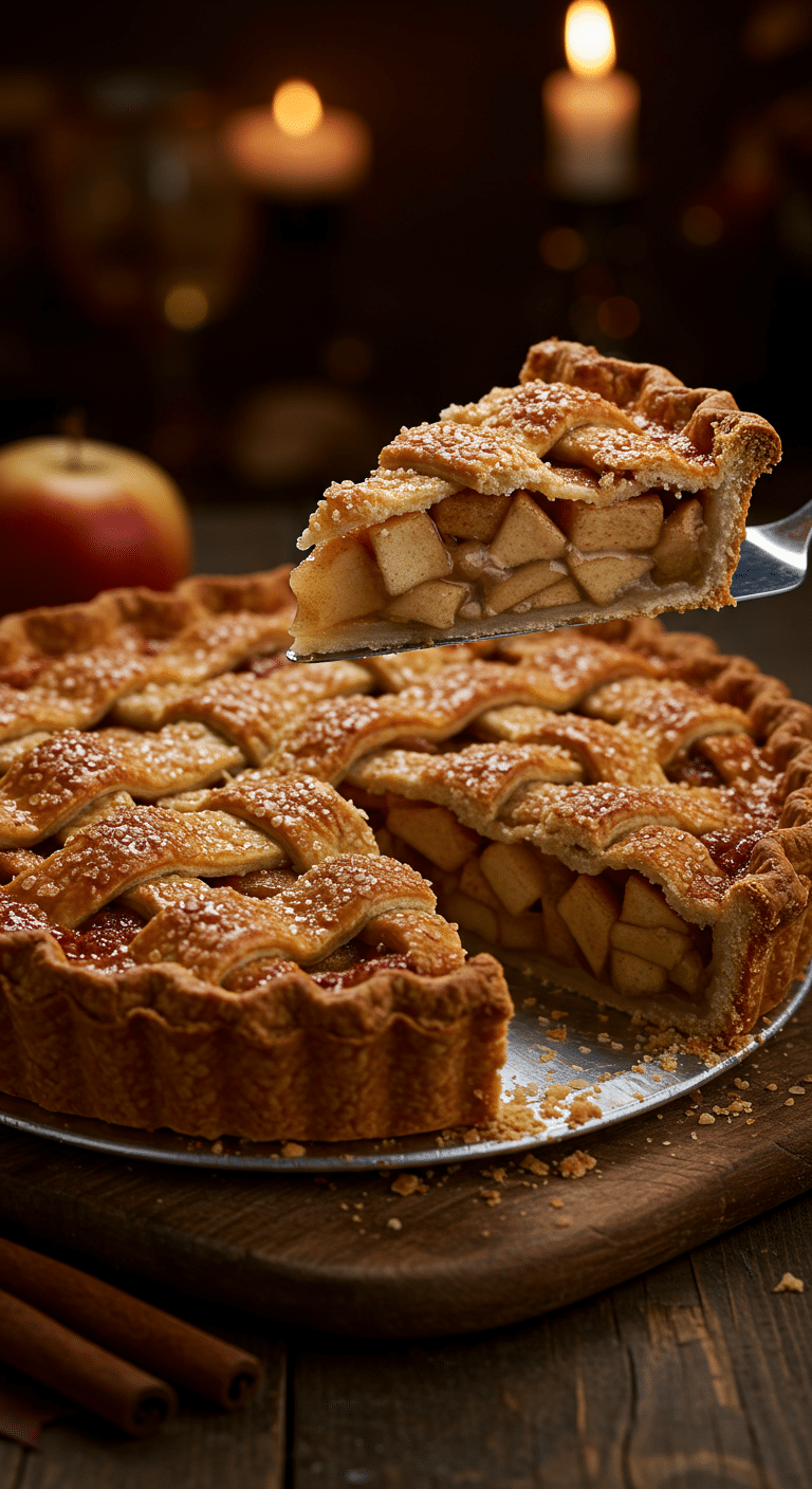A beautiful, rustic table with a homemade, golden-brown Classic Apple Pie, with a flaky, old-fashioned crust and a perfect, tall slice cut out to show the flaky layers.