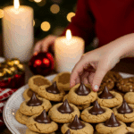 The impressive, homemade platter of beautiful and festive 3-Ingredient Peanut Butter Kiss Cookies being served as the centerpiece on a cookie platter at a sophisticated Christmas party.