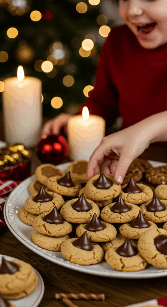 The impressive, homemade platter of beautiful and festive 3-Ingredient Peanut Butter Kiss Cookies being served as the centerpiece on a cookie platter at a sophisticated Christmas party.