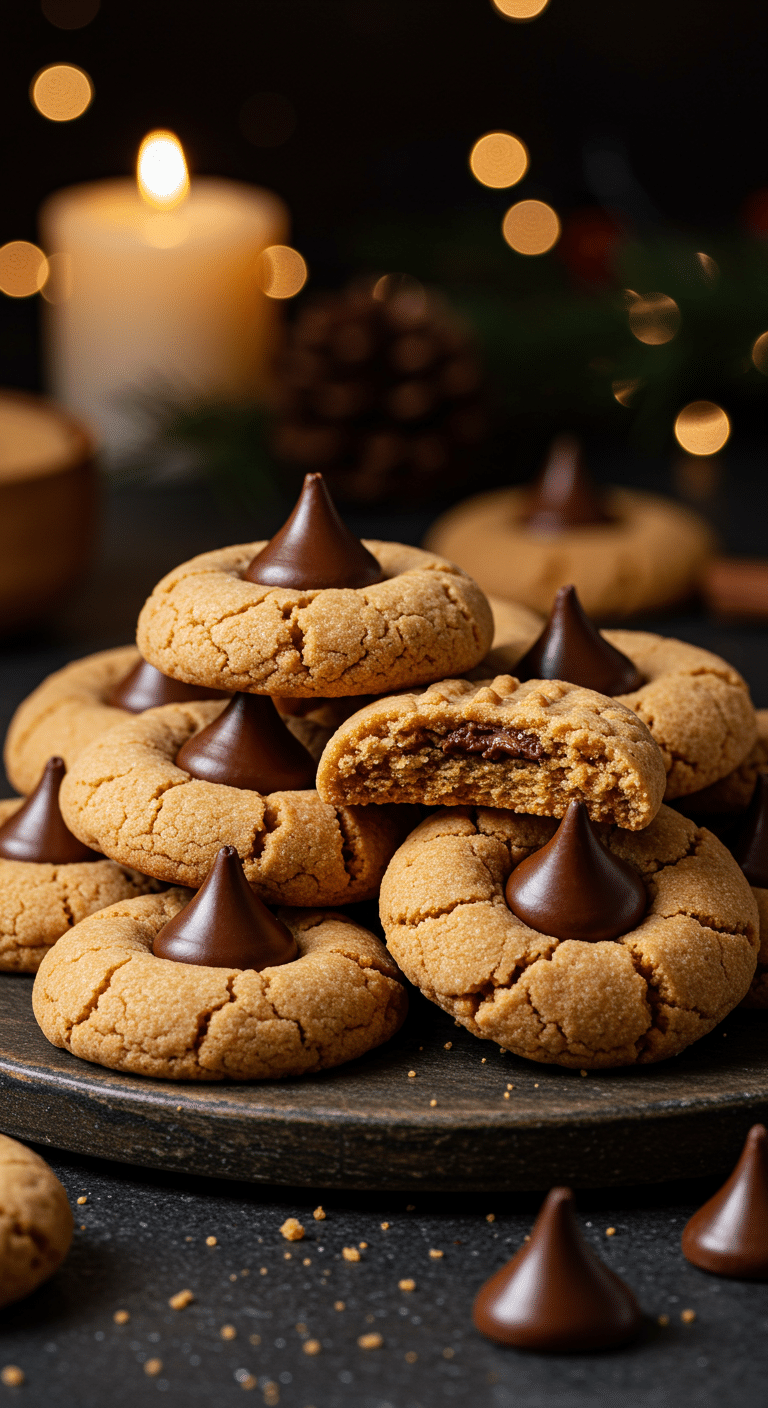 A beautiful, rustic platter of homemade, festive, and chewy 3-Ingredient Peanut Butter Kiss Cookies, with one broken in half to show the tender, chewy, flourless interior.