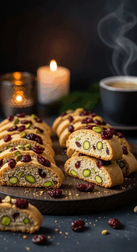 A beautiful, rustic platter of homemade, festive, and crispy Cranberry Pistachio Biscotti, studded with red cranberries and green pistachios.