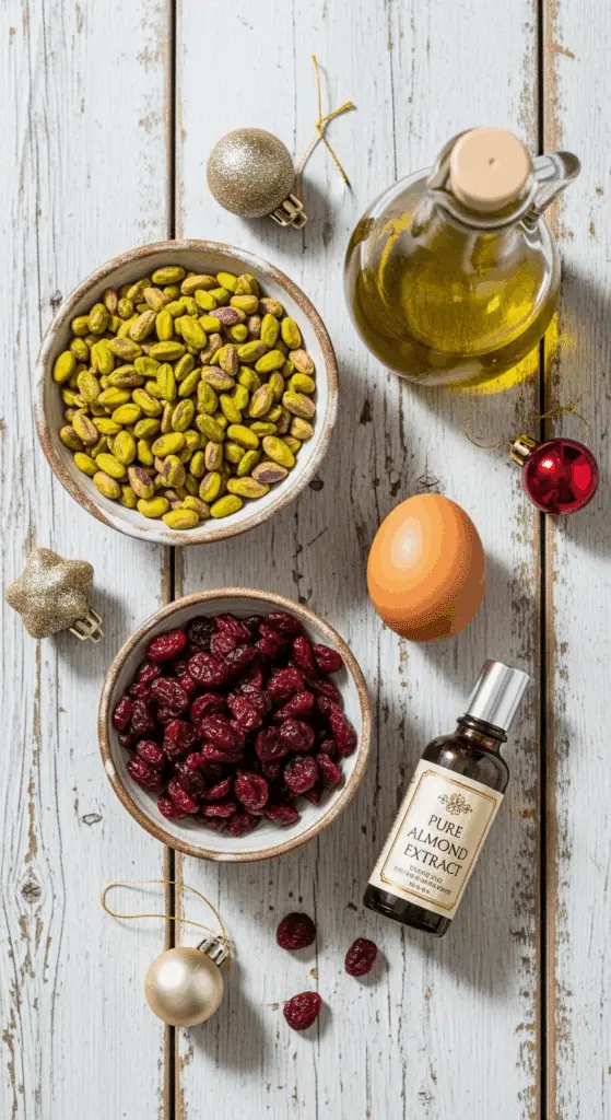 The simple, from-scratch ingredients for the easy and festive Cranberry Pistachio Biscotti.