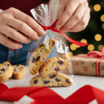 A pair of hands carefully arranging beautiful, colorful slices of a homemade Cranberry Pistachio Biscotti in a clear cellophane bag as a homemade Christmas gift.