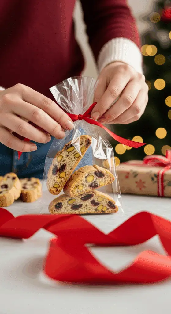A pair of hands carefully arranging beautiful, colorful slices of a homemade Cranberry Pistachio Biscotti in a clear cellophane bag as a homemade Christmas gift.