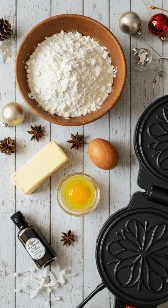 The simple, from-scratch ingredients for the classic and impressive Holiday Classic Pizzelle Cookies.