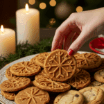 The impressive, homemade platter of beautiful and festive Classic Pizzelle Cookies being served as the centerpiece on a cookie platter at a sophisticated Christmas party.