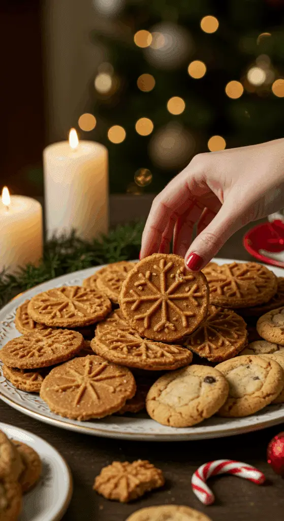 The impressive, homemade platter of beautiful and festive Classic Pizzelle Cookies being served as the centerpiece on a cookie platter at a sophisticated Christmas party.