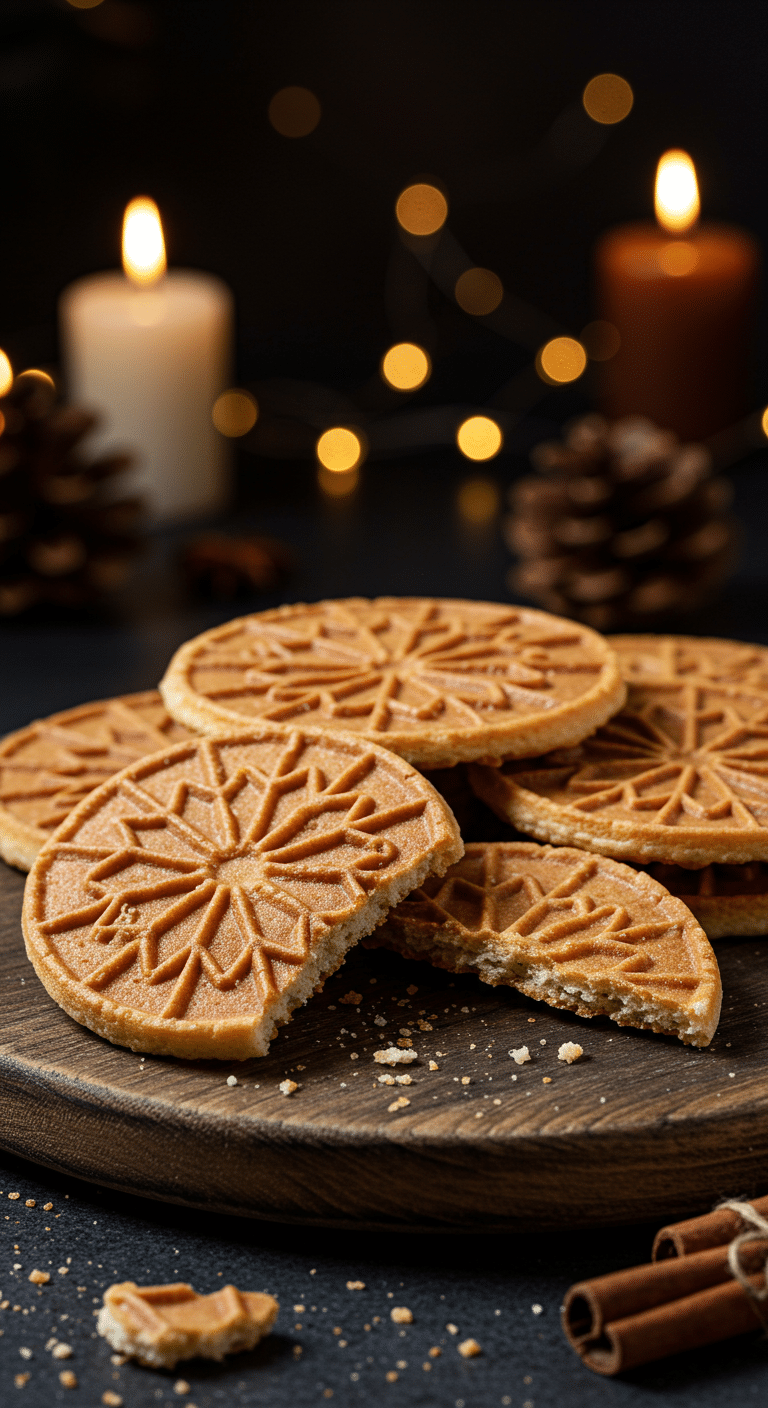 A beautiful, rustic platter of homemade, festive, and crispy Classic Pizzelle Cookies, with one broken in half to show the thin, crisp, wafer-like interior.